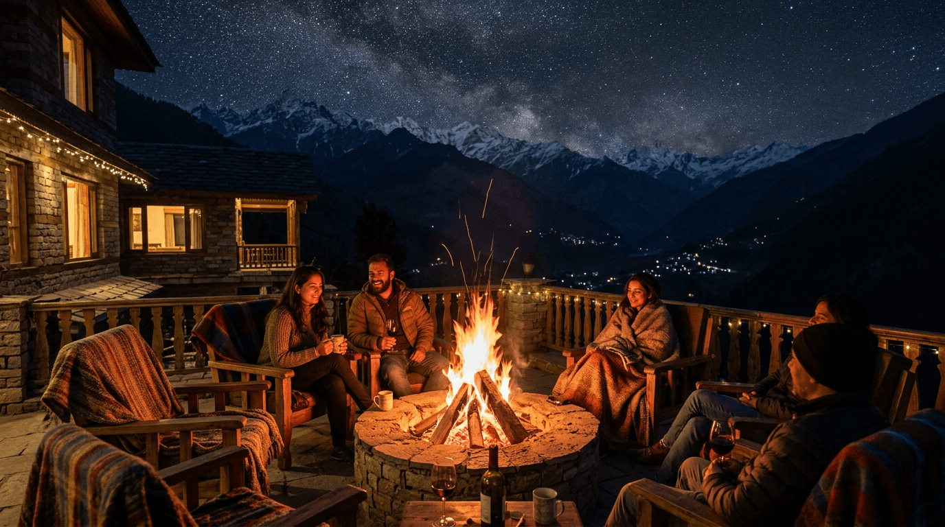 Evening bonfire at Salud villa in Kasauli with mountain backdrop