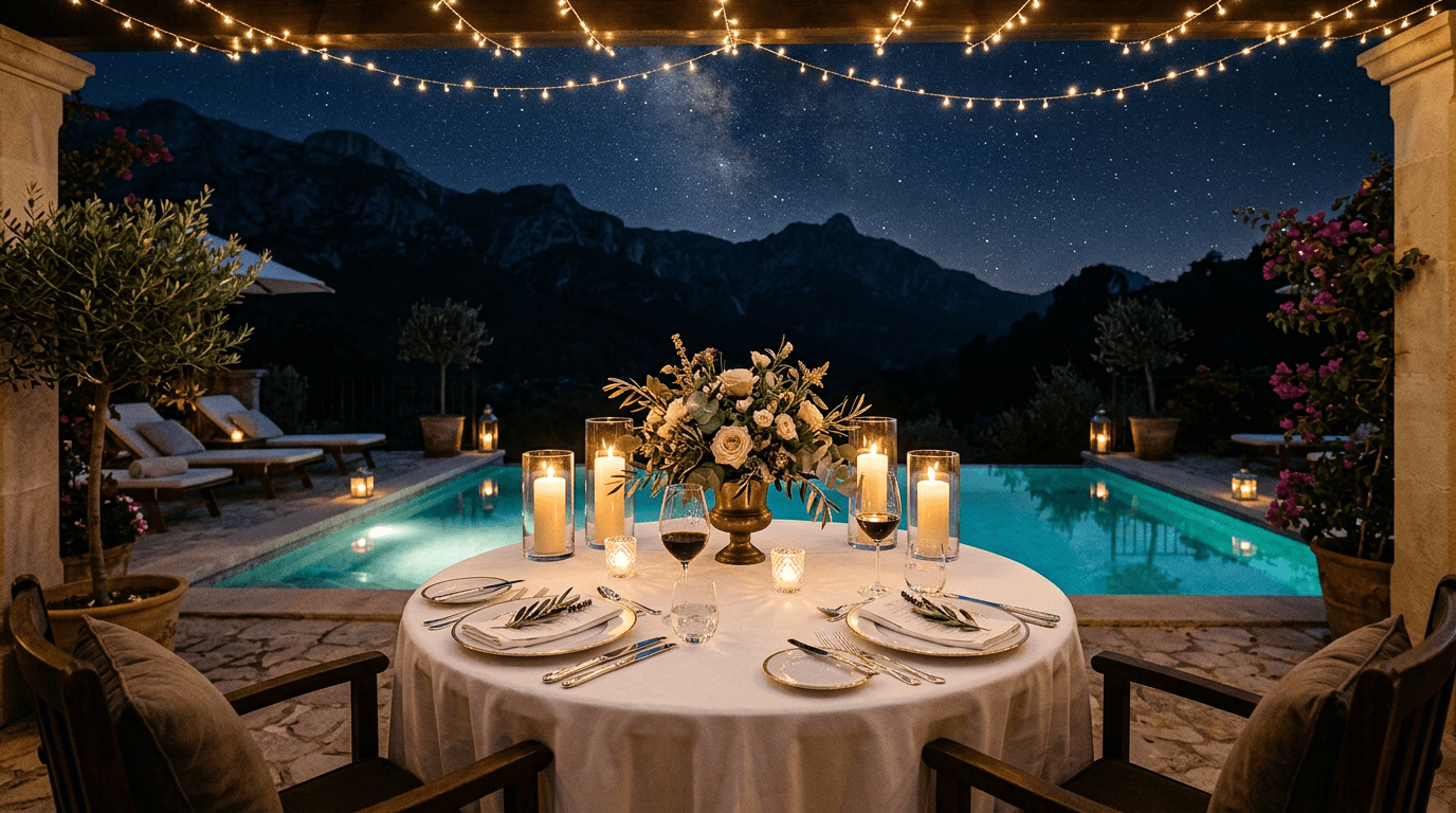 Candlelight dinner setup by the pool at Salud villa, Kasauli