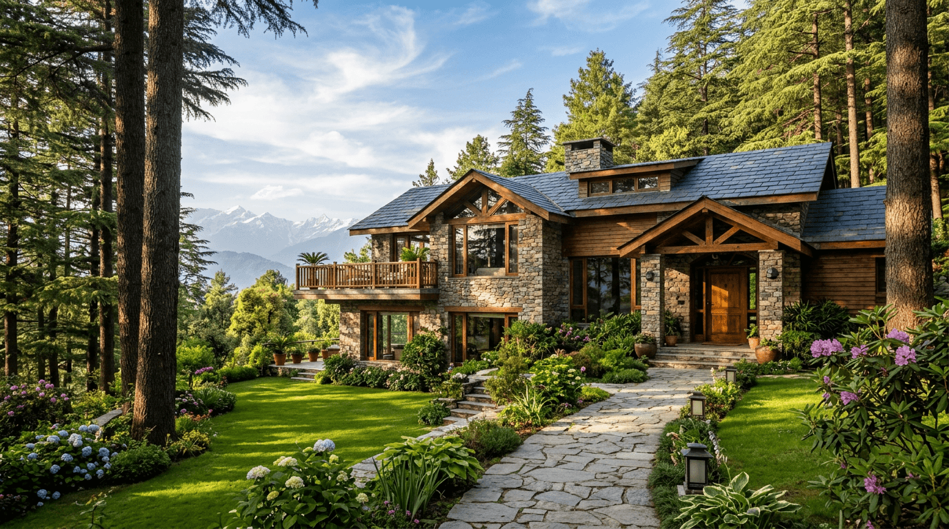 Salud villa exterior surrounded by deodar trees in winter