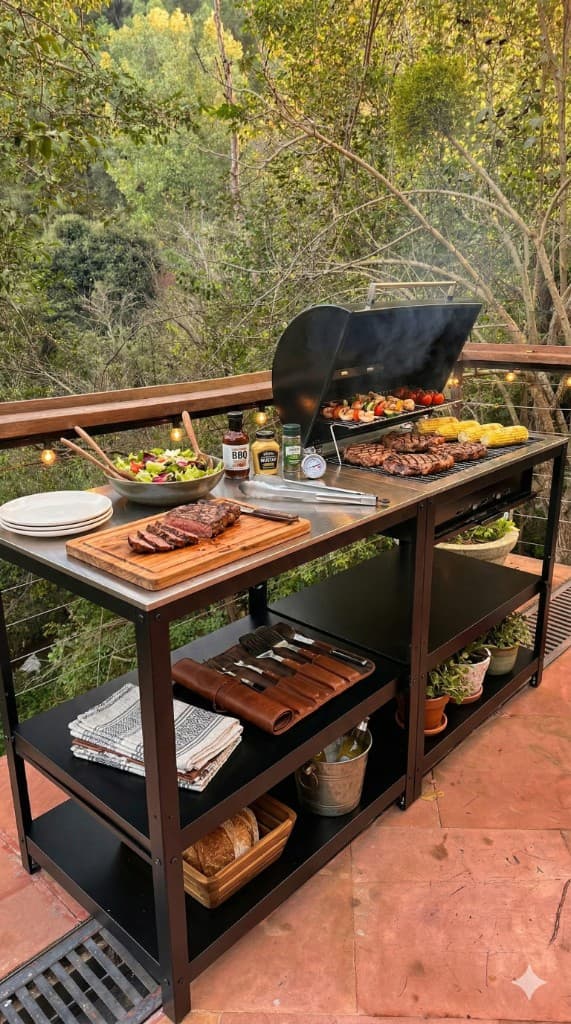 Professional BBQ setup with chefs by the heated pool at Salud villa