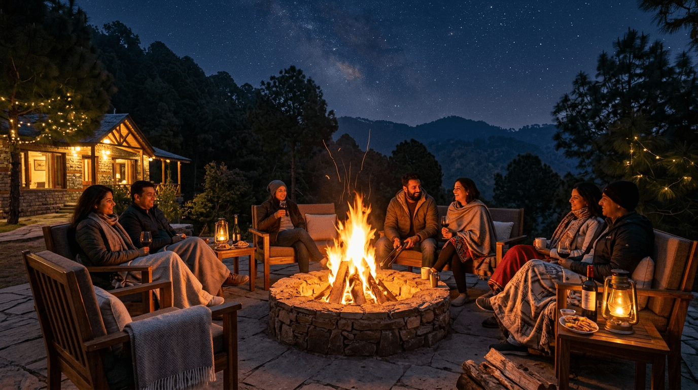 Bonfire evening under the stars at Salud villa in the Shivalik Hills