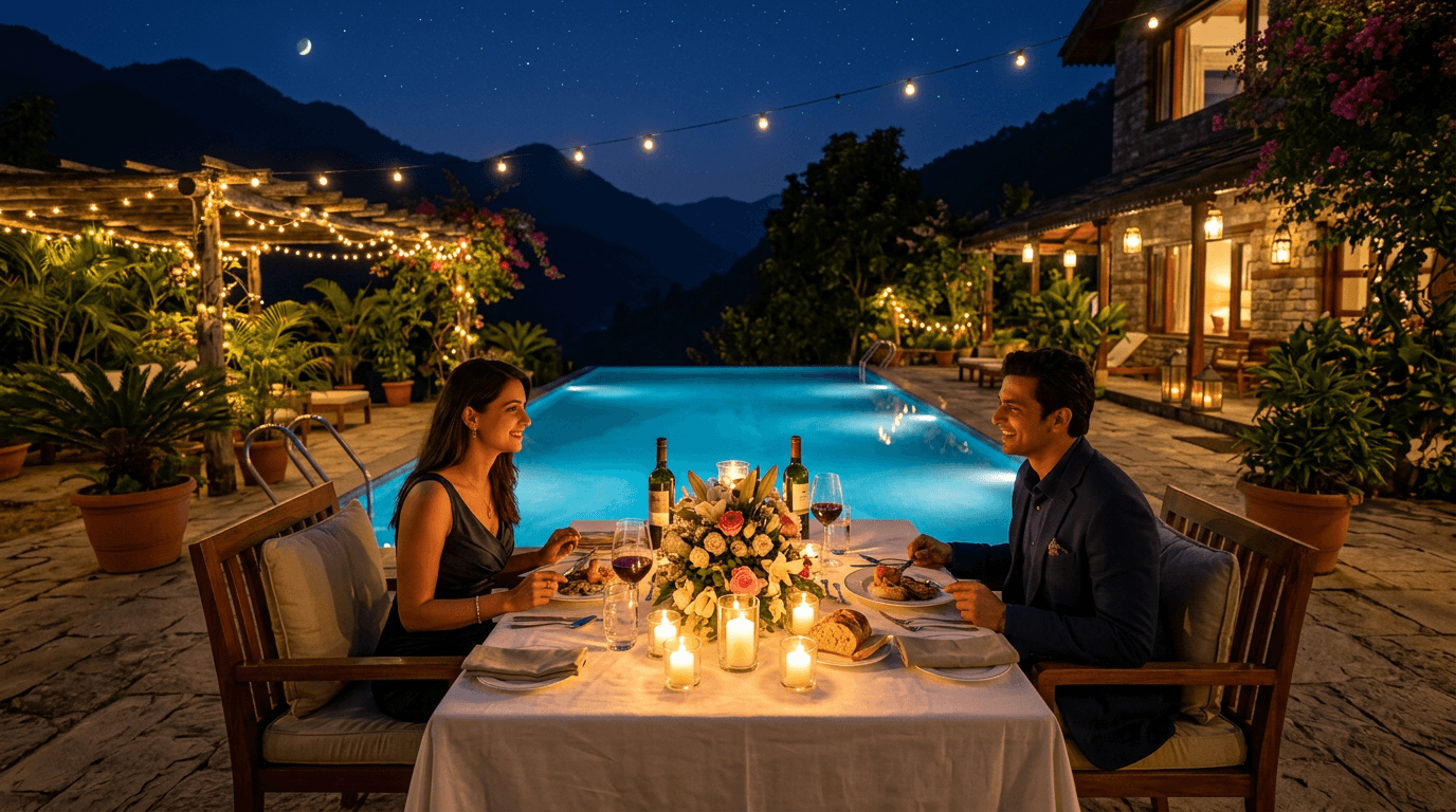 Candlelight dinner setup with ambient lighting by the heated pool at Salud villa